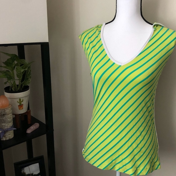 **DANSKIN* Green Striped Sleeveless Shirt w/ Hood - Picture 1 of 3